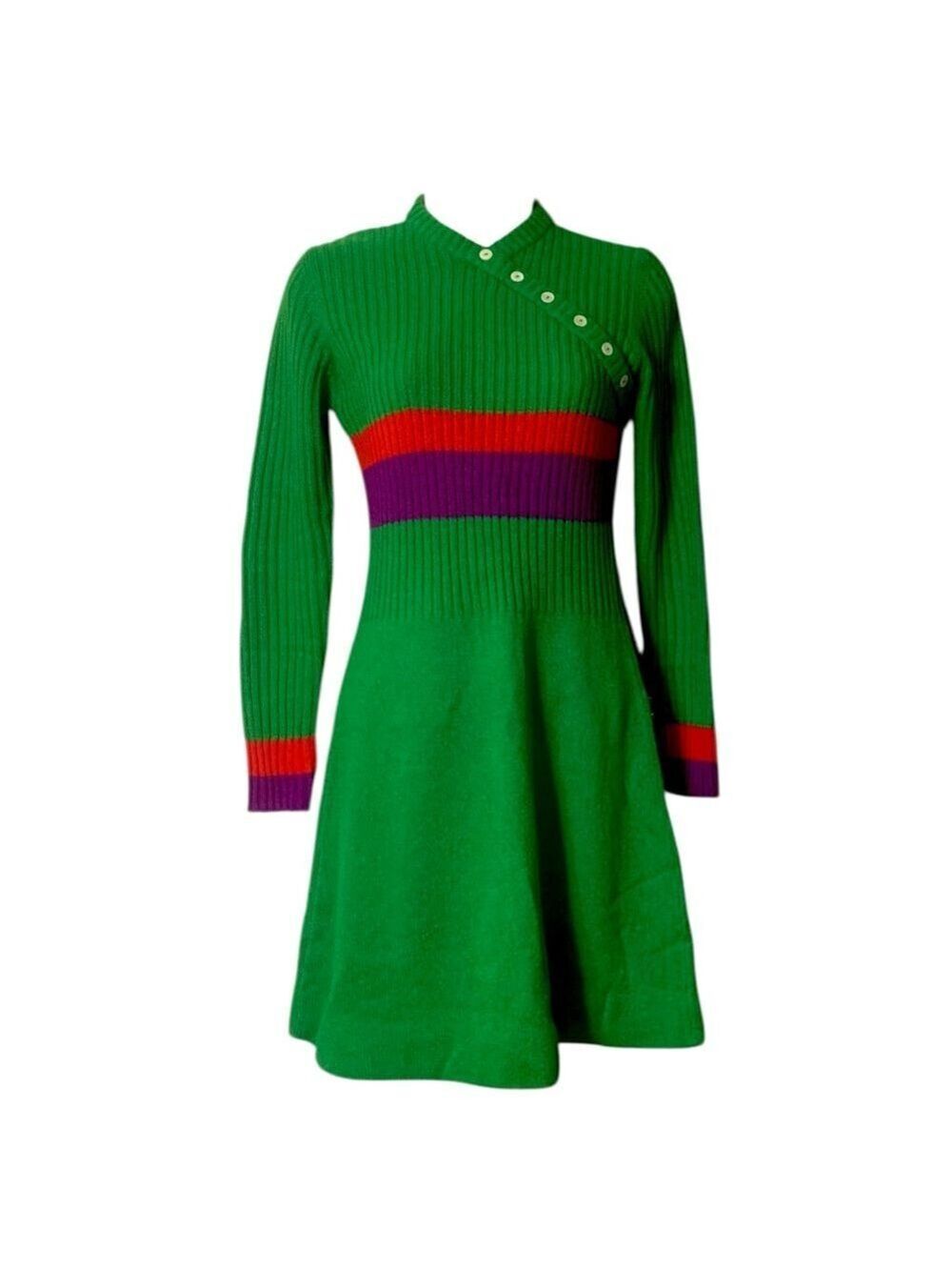 Vntg 70’s International Boutique green, purple and red striped knit dress size 7